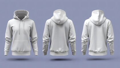 Blank White Hoodie Sweatshirt Mockup Set With Front And Back Views Floating Against A Solid Periwinkle Blue Background For Custom Apparel Design And Merchandising Presentation