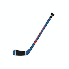 A blue and red hockey stick, curved at the base, with black and white accents