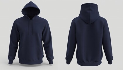 Front And Back View Of Navy Blue Quilted Hoodie Mockup With Long Sleeves And Hood Up Isolated On Clean White Background For Fashion Design Presentation And Apparel Branding