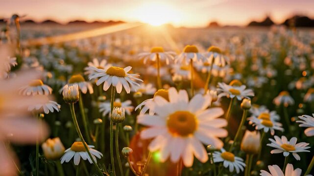 Daisies fill the field as the sun rises over the horizon, illuminating the flowers and creating a warm atmosphere. This field of daisies showcases nature's beauty and serenity.