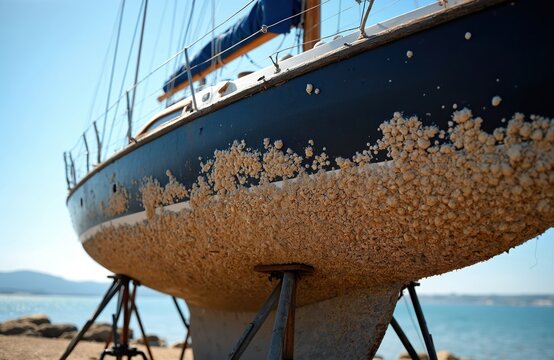 Sailboat hull covered with barnacles needs cleaning. Marine growth on vessel bottom at boatyard. Preparation for scraping, anti-fouling paint application.