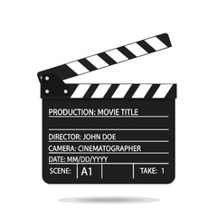 A flat illustration of a film clapperboard, text details film production info