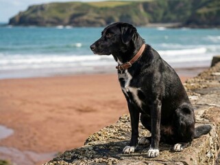 Profile Portrait of Black Dog Sitting on Sea Wall at the Coast
