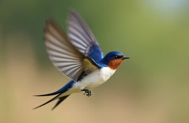Fototapeta premium Barn swallow bird with blue and white feathers flies gracefully with wings spread. Small migratory animal soars mid air. Focus on wild nature and wildlife detail.