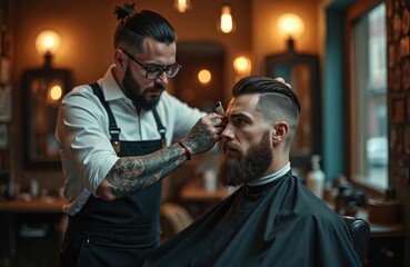 Barber with tattoos cuts mans hair. Client with beard sits in chair, gets haircut in salon. Professional stylist shapes fades hair using clippers, sharp blade.