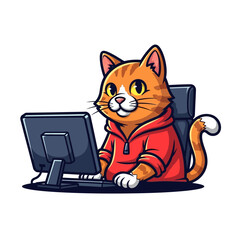 Charming cartoon ginger cat in a red hoodie diligently working on a computer, embodying a modern remote worker or programmer in a playful style illustration