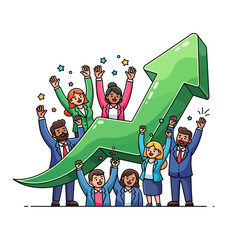 Teamwork and success a group of people celebrating a business growth chart with raised hands, illustration