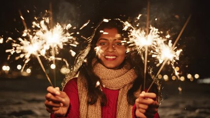 A woman holds sparkling sparklers in both hands, illuminating the night with bright light. The scene captures the joyous atmosphere of celebration as the woman enjoys the festive moment.