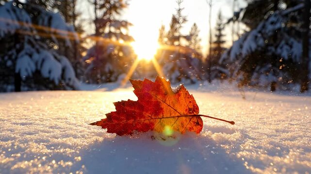 A vibrant red leaf lies on glistening snow, illuminated by the soft glow of the sunset. The serene scene captures the contrast between the fallen leaf and the winter landscape.