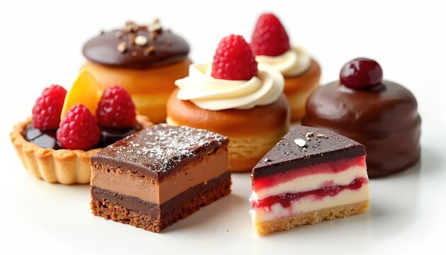 Assortment of delicious cakes and pastries on white background. Small chocolate cakes fruit tarts with raspberries. Creamy layered slices, and baked goods offer sweet treat variety. - Powered by Adobe