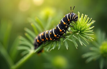Naklejka premium Black with orange spots crawls on bright green plant. Insect eats leaves in closeup view. Nature macro shot shows fauna growth in spring. Life cycle detail.