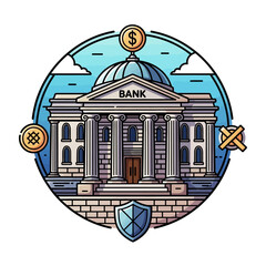 Classic Bank Building Illustration with Security Shield and Cryptocurrency Icons Representing Financial Services and Digital Assets