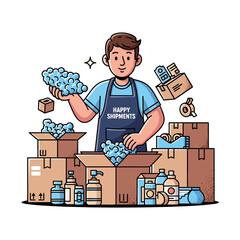 Man happily packing boxes with bubble wrap for shipping, preparing items for delivery with care and efficiency