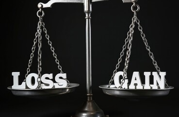 Balance scales display the words loss and gain on pans. Object illustrates financial equity or decision making choices. Weighing options concept.