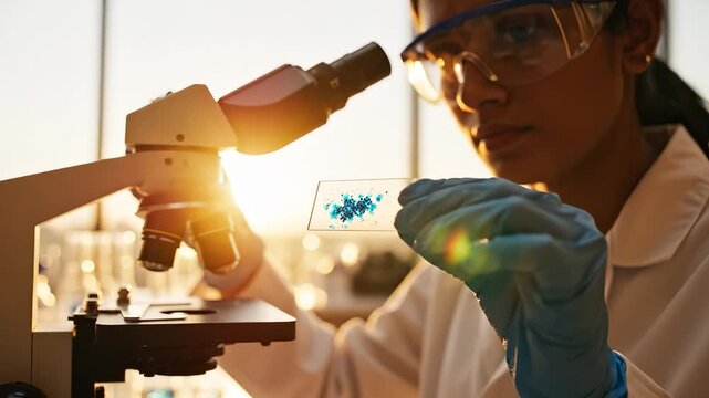 A woman in a lab coat examines a slide under a microscope in a well-lit laboratory. The woman and microscope create a focused environment for scientific research and discovery.