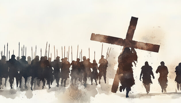 Jesus takes up his Cross. Digital watercolor painting illustration.