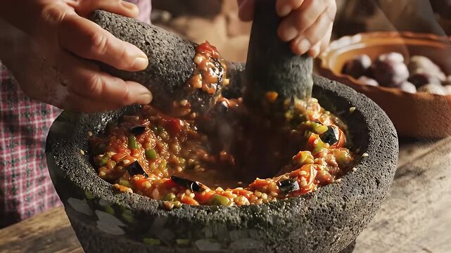 Preparing Salsa in a Molcajete.