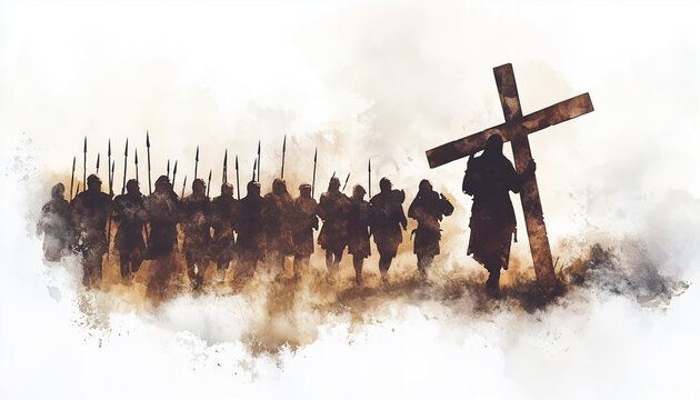 Jesus takes up his Cross. Digital watercolor painting illustration.