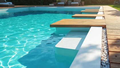 Modern fiberglass pool entrance steps with clean turquoise water and wooden deck. Sunny bright day for backyard leisure and hotel resort relaxation. Enjoy clear water and outdoor comfort.