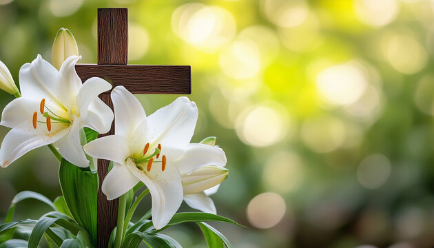 Wooden cross, easter lilies on green blurred background. Christian holiday floral composition with religious symbol of faith, hope, love
