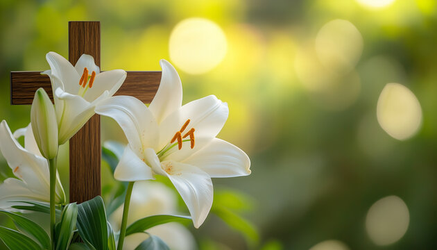 Wooden cross, easter lilies on green blurred background. Christian holiday floral composition with religious symbol of faith, hope, love