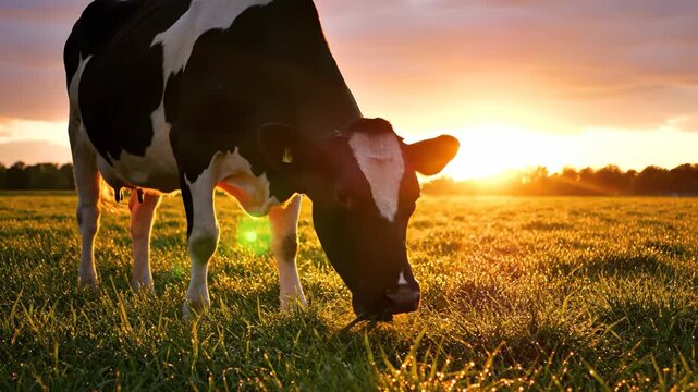 A cow grazes peacefully in a lush green field at sunset, with the golden light creating a warm ambiance. The cow and sunset enhance the tranquil and pastoral setting of the landscape.