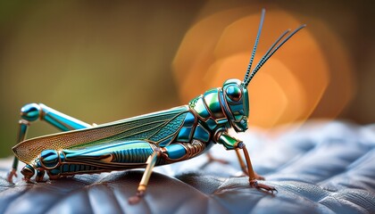 colorful insect close up shows intricate details of a bright green and blue grasshopper with gold accents during daylight