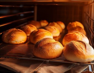 freshly baked bread rolls cooling on a wooden rack beside a warm oven in a rustic bakery during morning hours