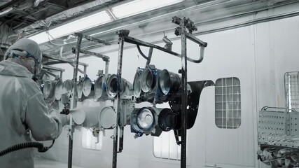 Industrial worker in protective gear inspecting textile machinery in a factory setting