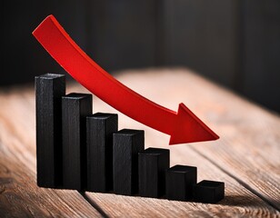 declining business graph with red arrow pointing downwards over black bar chart on wooden surface symbolizing economic downturn and market decrease in dramatic visual style