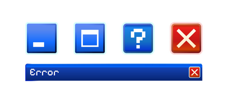 Windows XP UI buttons vector design with classic system logos including close, minimize, info, question icons and window header elements, vintage interface style isolated on transparent background