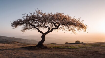 Young Tree Silhouette Against Warm Sunlight During Tu Bishvat Celebration in a Natural Setting