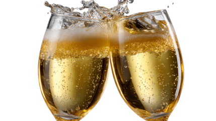 Cheers to the Moment: Two champagne glasses clink together in a celebratory toast, showcasing the effervescence and joy of a special occasion. Capturing the essence of festivity and convivial moments.