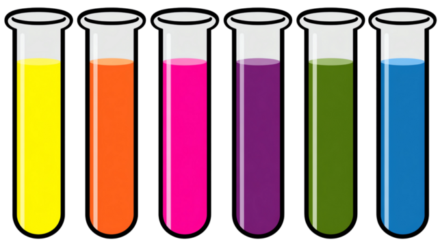Colorful Laboratory Test Tubes: A collection of six test tubes, each filled with vibrant, contrasting liquids, evokes the intrigue of scientific exploration and chemical analysis. - Powered by Adobe