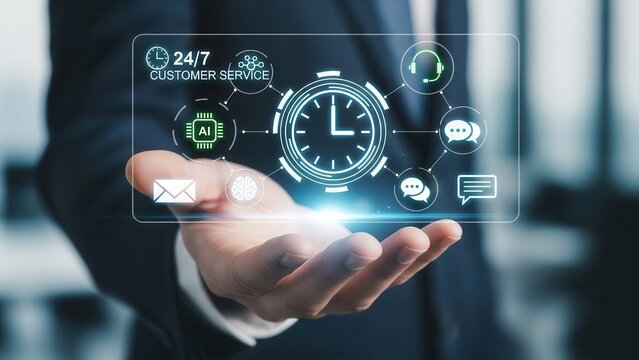 Closeup Businessman Hand holding a virtual interface showing 4 7 AI customer service icons, representing around-the-clock support, artificial intelligence and digital communication technology - Powered by Adobe