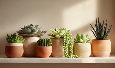 Diverse Succulent Collection in Earth Toned Pots on Shelf, Modern Indoor Plant Display for Home Decor