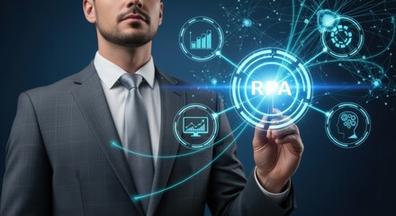 RPA Automation Concept: Business Professional Interacting with Futuristic Robotic Process Automation Interface for Streamlined Efficiency