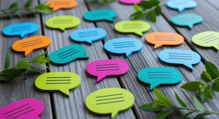 Colorful Speech Bubbles on Wooden Background: Communication, Feedback, and Social Media Concept