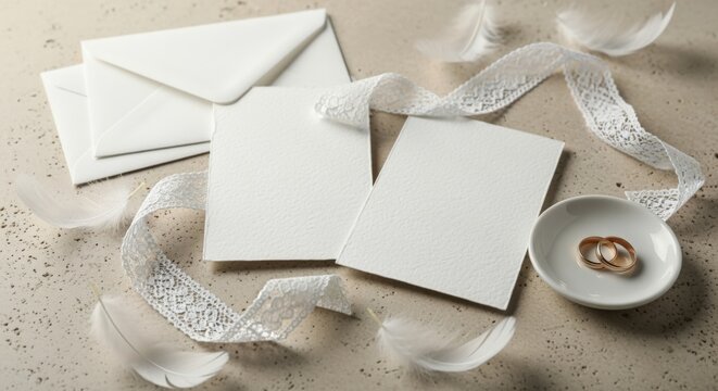 Elegant Wedding Stationery Mockup Featuring White Cards, Envelopes, Lace Ribbon, Delicate Feathers and Wedding Rings - Powered by Adobe