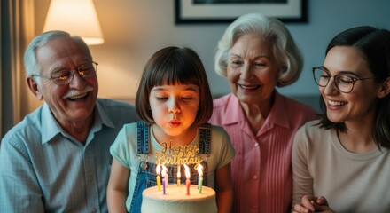 Multi-Generational Family Celebrates Young Girl's Birthday with Cake and Candles, Surrounded by Love and Laughter