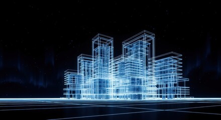 Abstract Blue Wireframe Cityscape Visualization on Black Background, Architectural Design and Urban Planning Concept