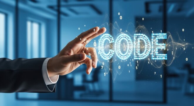 Coding Innovation: A Businessman's Hand Interacts with a Digital Code Interface in a Modern Office - Powered by Adobe