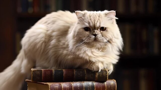 Fluffy white Persian cat with a grumpy face perched atop aging books in a quiet library setting