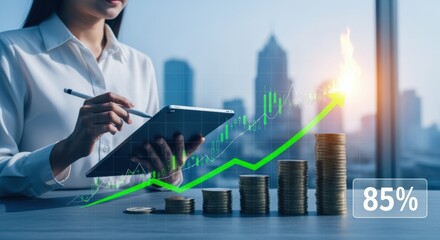 Businesswoman Analyzing Financial Growth on Tablet with Rising Chart and Coin Stacks Against Cityscape