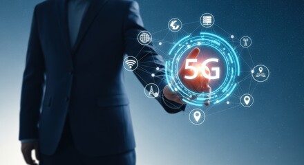 Businessman Activating 5G Network Technology with Holographic Interface, Representing Next Generation Connectivity and High-Speed Wireless Communication