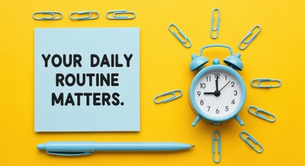 Obraz premium Daily routine reminder with clock, pen and clips on yellow background, concept of time management