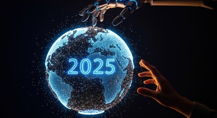 Artificial Intelligence and Human Collaboration Depicted by Robot and Human Hands Touching a Digital Earth Globe with 2025