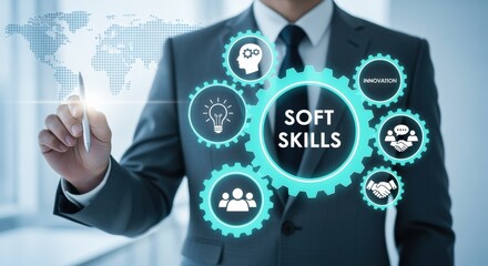Soft Skills Visualization: Businessman Demonstrates Essential Skills with Interactive Digital Interface, Highlighting Growth and Development