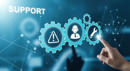 Technical support interface concept with gears, a hand reaching out on a blue futuristic screen