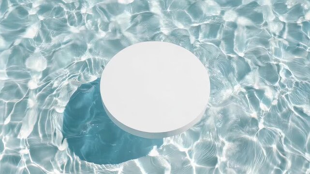 A white circular object floats on the surface of rippling blue water, viewed from directly above.